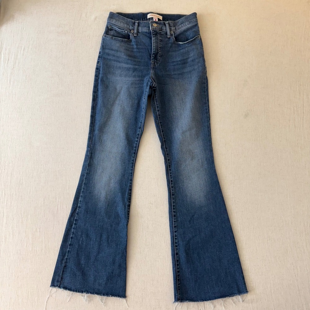 Lucky Brand Stevie High Rise Flare Jeans Womens 6/28 Blue Raw Hem Boho Retro - Picture 2 of 11